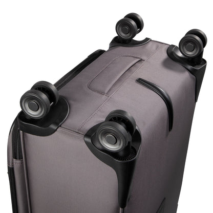 Close-up of Ricardo Beverly Hills Montecito 3.0 Softside Carry-on Spinner with four black wheels and handle.