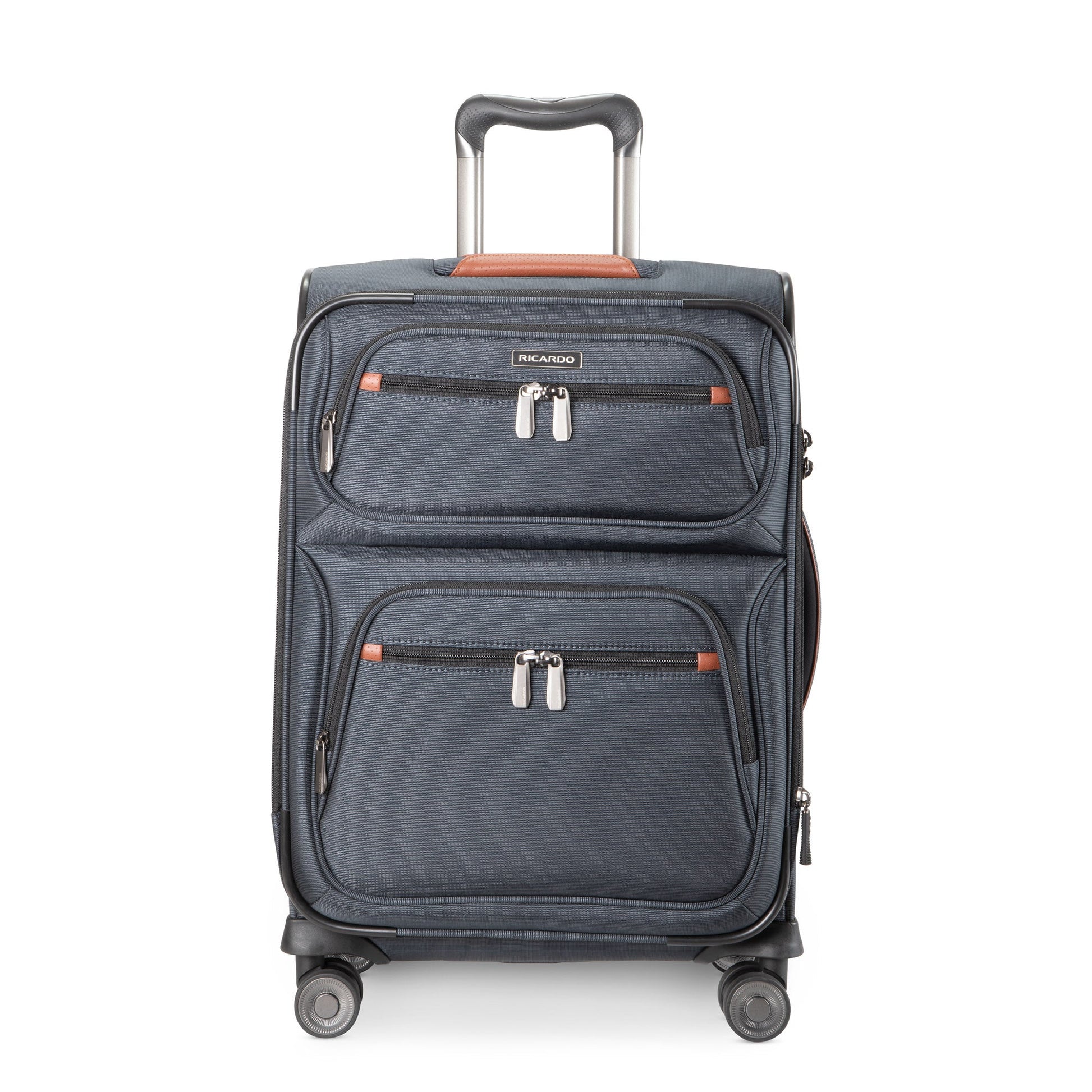 Ricardo Beverly Hills Montecito 3.0 navy softside carry-on with 2 front zip pockets and telescoping handle.