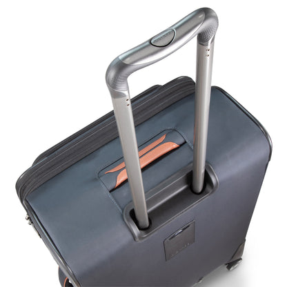A close-up of the Ricardo Beverly Hills Montecito 3.0 Softside Carry-on with telescopic handle and leather accent.