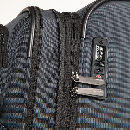 Close-up of the Ricardo Beverly Hills Montecito 3.0 Softside Carry-on with dual zippers and TSA combo lock.