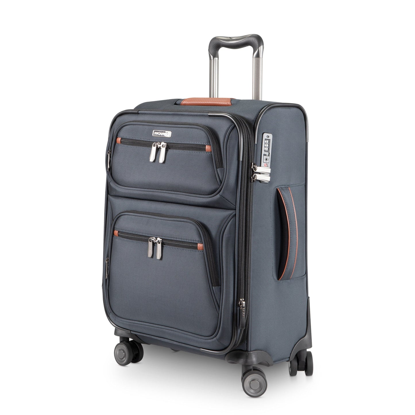 Ricardo Beverly Hills Montecito 3.0 softside carry-on, dark blue, with front pockets and telescoping handle.