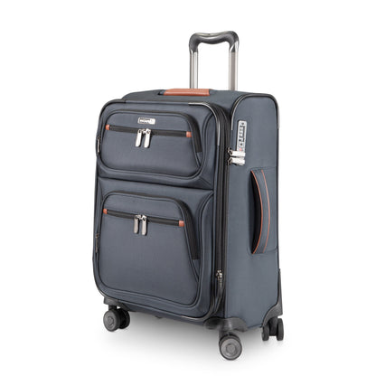 Ricardo Beverly Hills Montecito 3.0 softside carry-on, dark blue, with front pockets and telescoping handle.