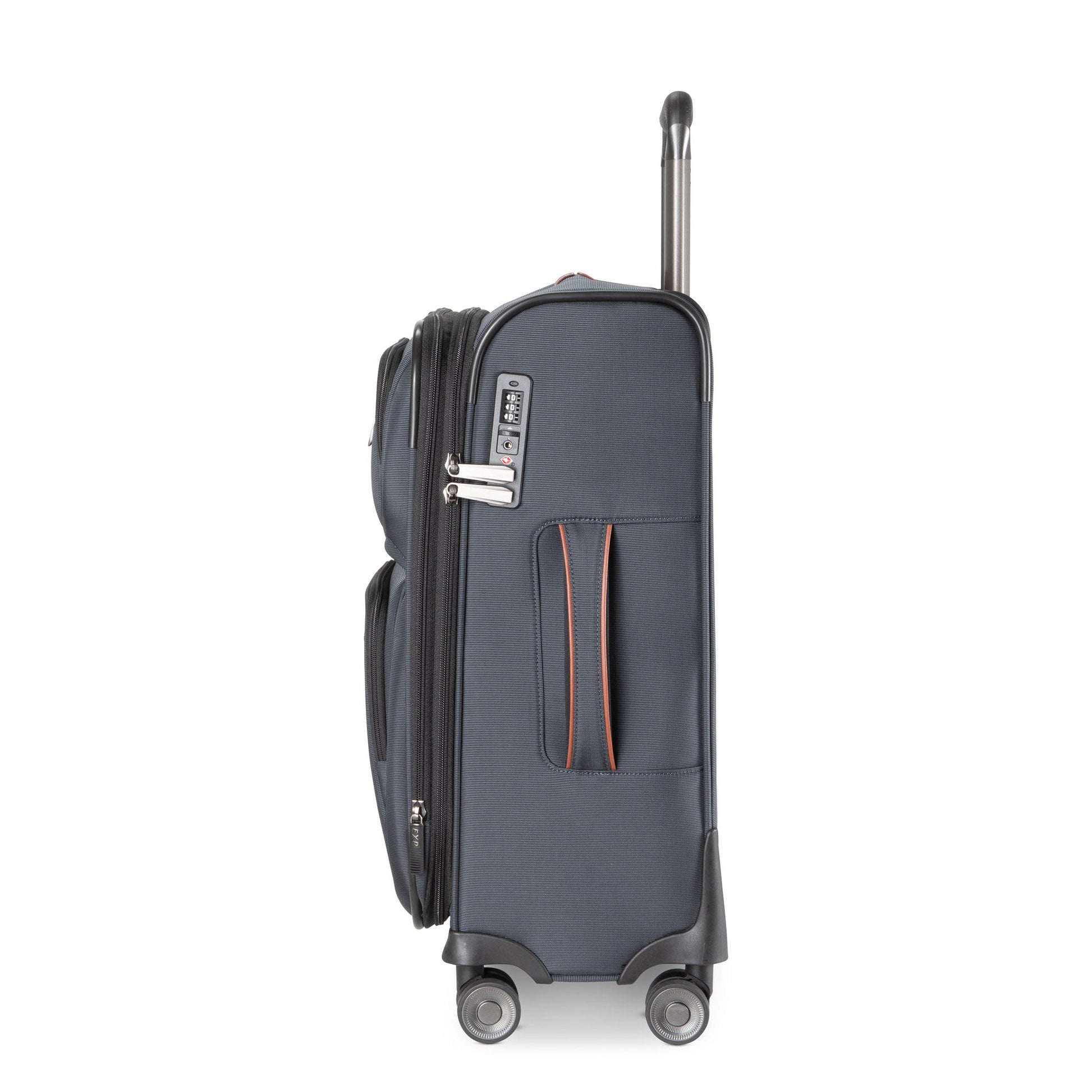 Side view of Ricardo Beverly Hills Montecito 3.0 navy carry-on with extended handle and two zip pockets.