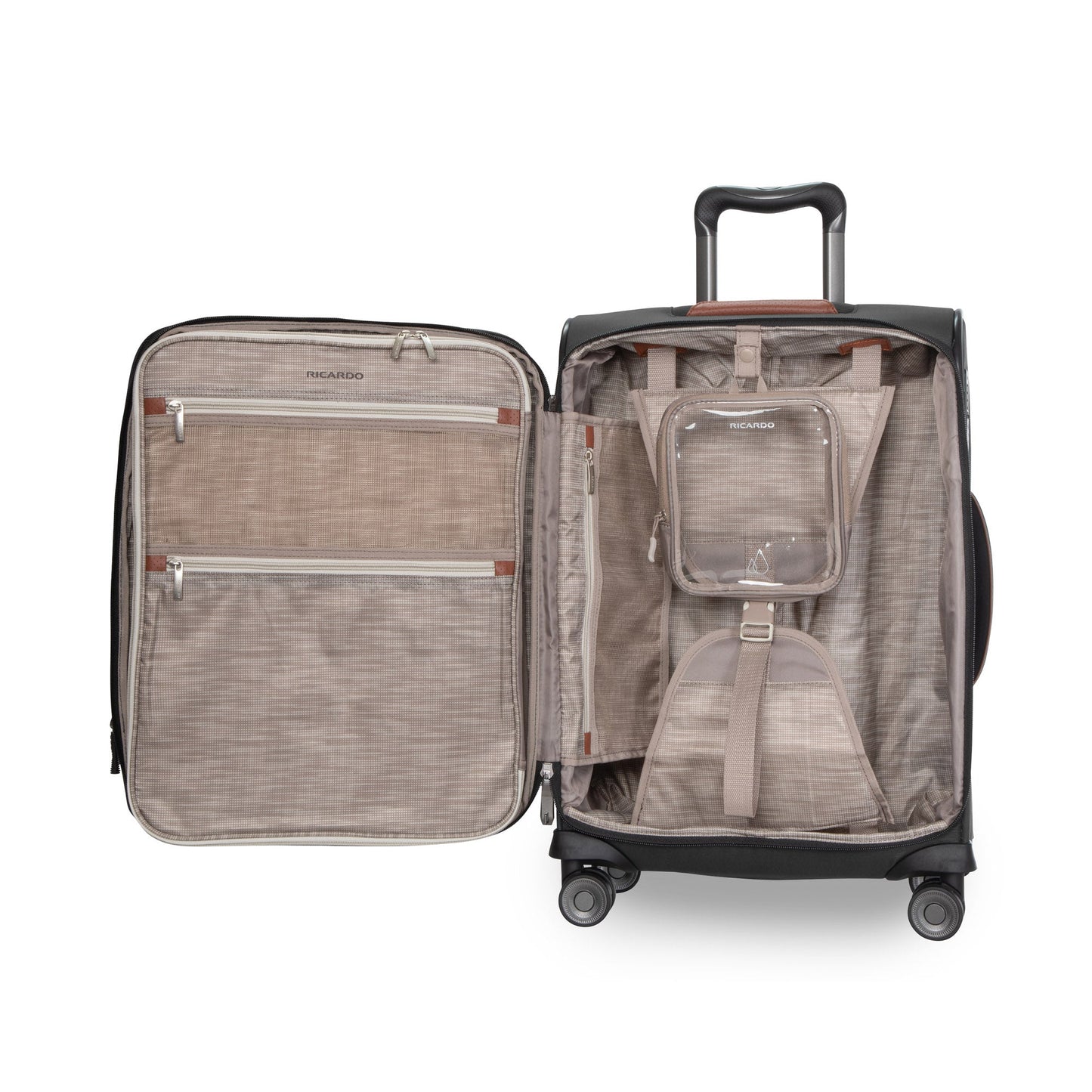 Ricardo Beverly Hills Montecito 3.0 softside carry-on has a black exterior, beige interior, and four spinner wheels.