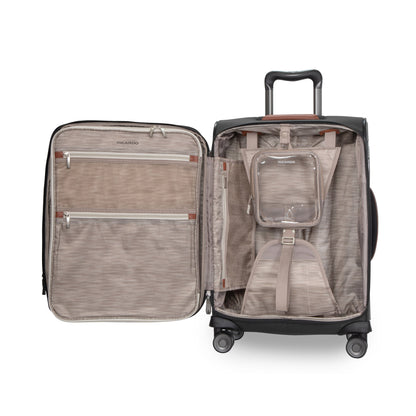 Ricardo Beverly Hills Montecito 3.0 softside carry-on has a black exterior, beige interior, and four spinner wheels.