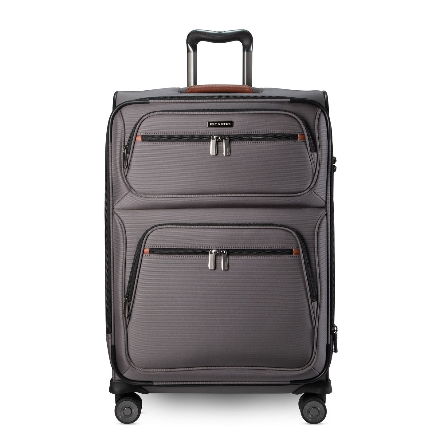 Ricardo Beverly Hills Montecito 3.0 softside medium check-in spinner with 2 front pockets and telescoping handle.
