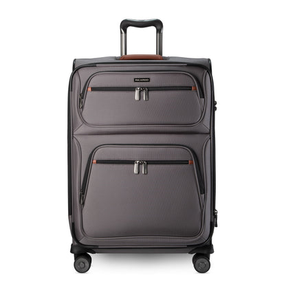 Ricardo Beverly Hills Montecito 3.0 softside medium check-in spinner with 2 front pockets and telescoping handle.