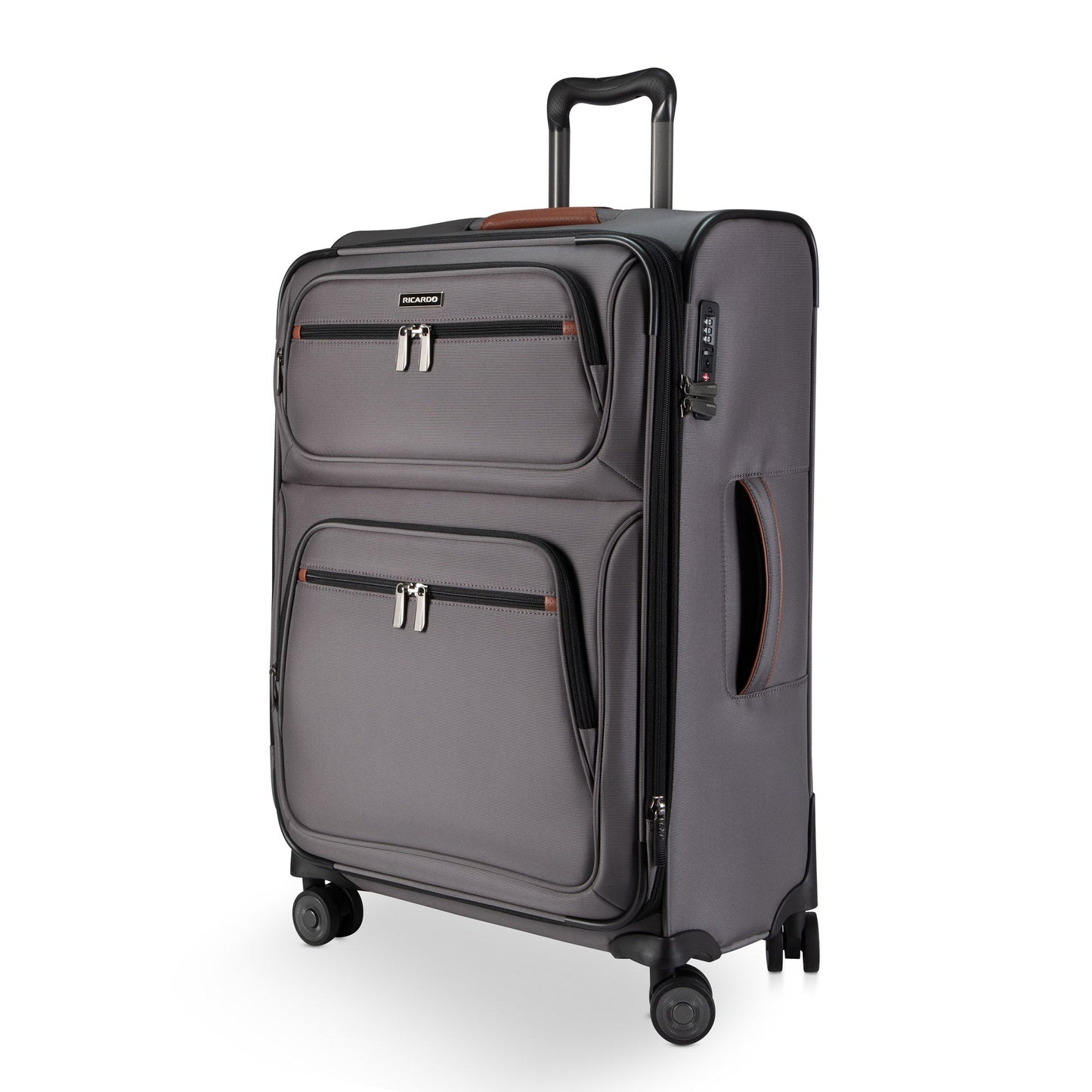 Ricardo Beverly Hills Montecito 3.0 gray medium softside spinner: 4 wheels, 2 zip pockets, telescopic handle.