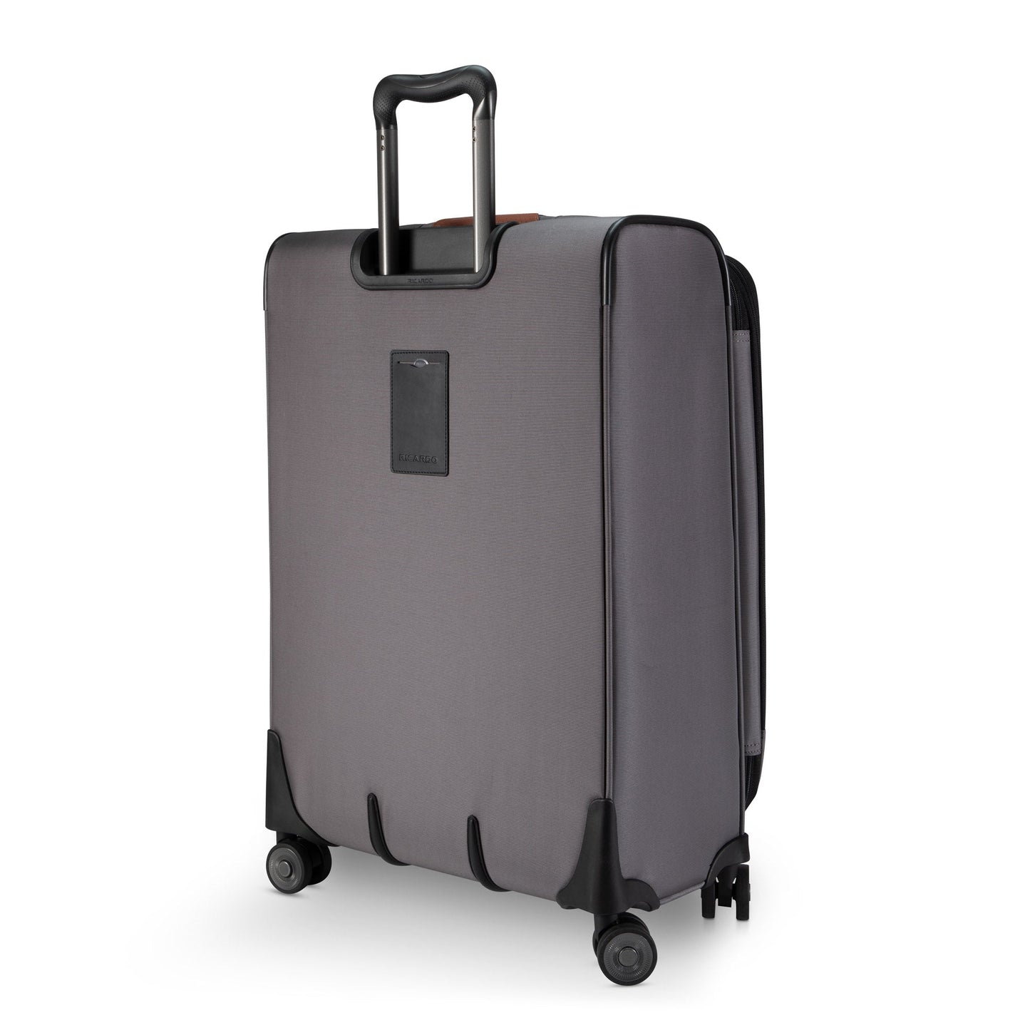 Ricardo Beverly Hills Montecito 3.0 gray medium softside spinner, shown from the back with four wheels.