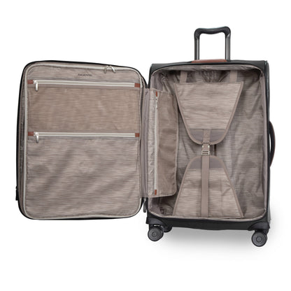 Ricardo Beverly Hills Montecito 3.0 medium check-in luggage open to show compartments, zippered pockets, and straps.