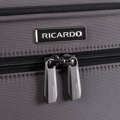 Close-up of the Ricardo Beverly Hills Montecito 3.0 medium softside spinner with dual zipper pulls.