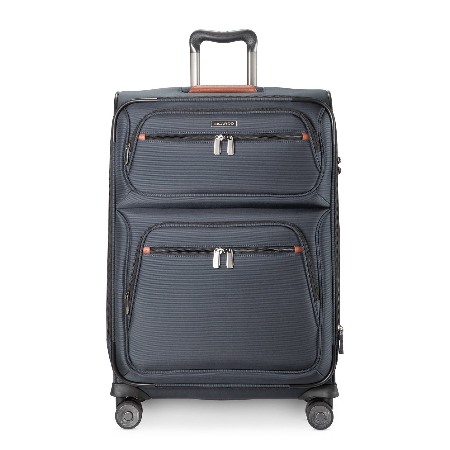 Front view of Ricardo Beverly Hills Montecito 3.0 navy expandable suitcase with two pockets and four wheels.