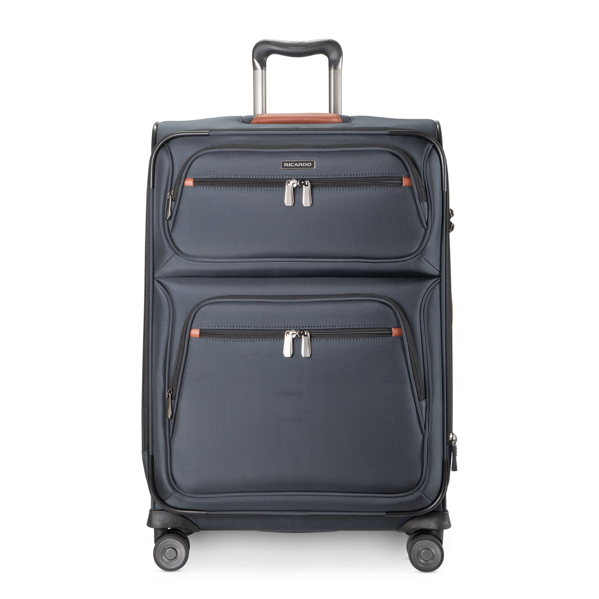 Front view of Ricardo Beverly Hills Montecito 3.0 navy expandable suitcase with two pockets and four wheels.