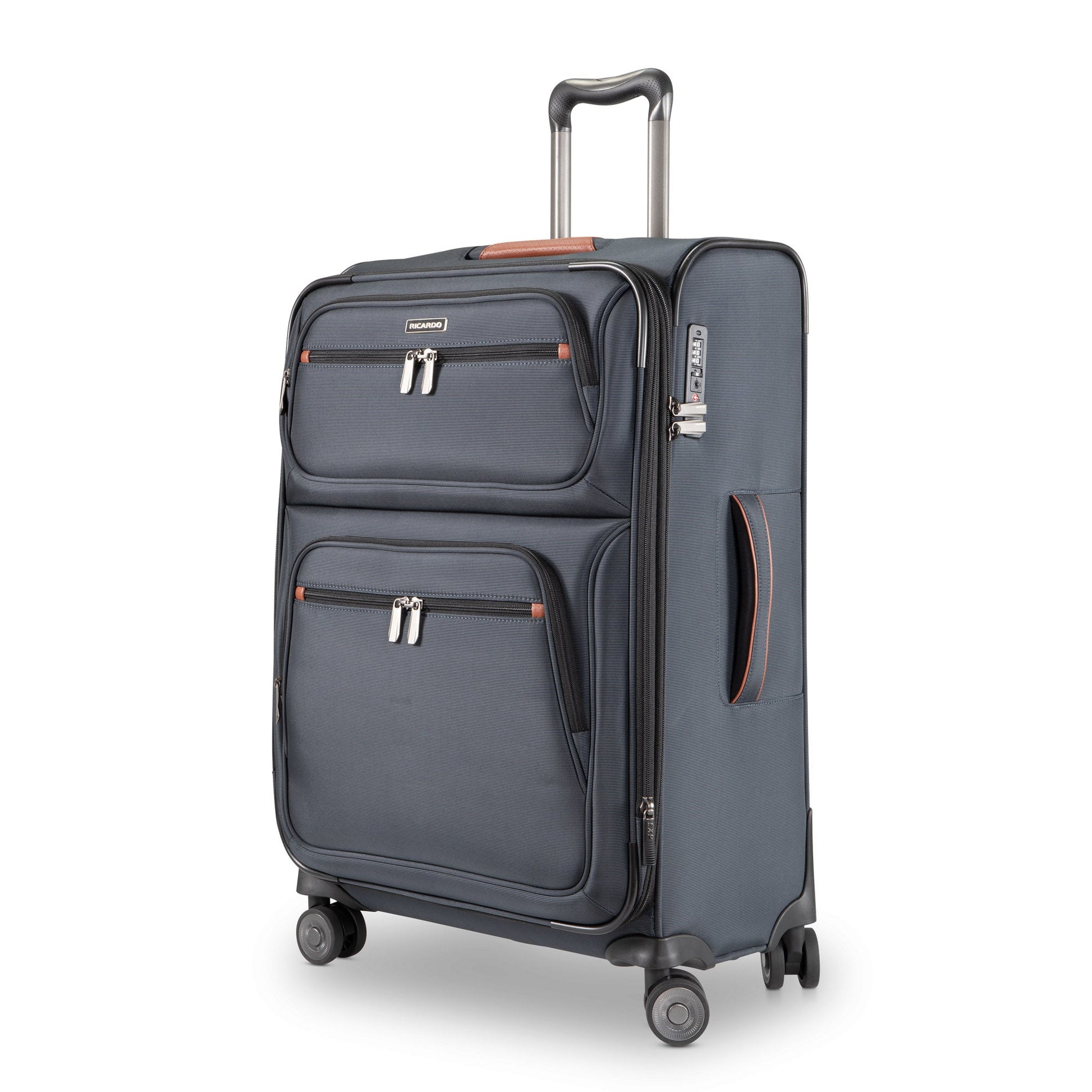 Ricardo Beverly Hills Montecito 3.0 navy blue medium softside spinner with 4 wheels and telescopic handle.
