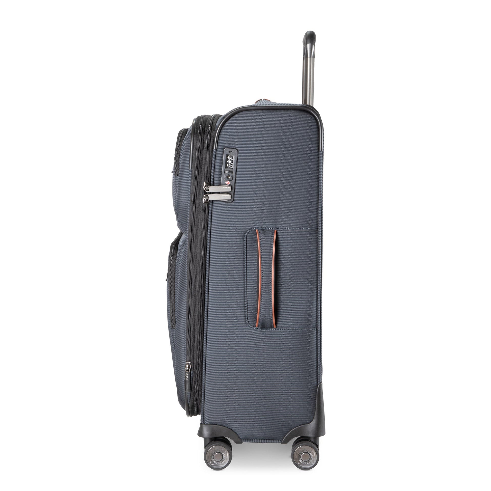 Ricardo Beverly Hills Montecito 3.0 medium navy softside luggage shown sideways with handle up, two zips visible.
