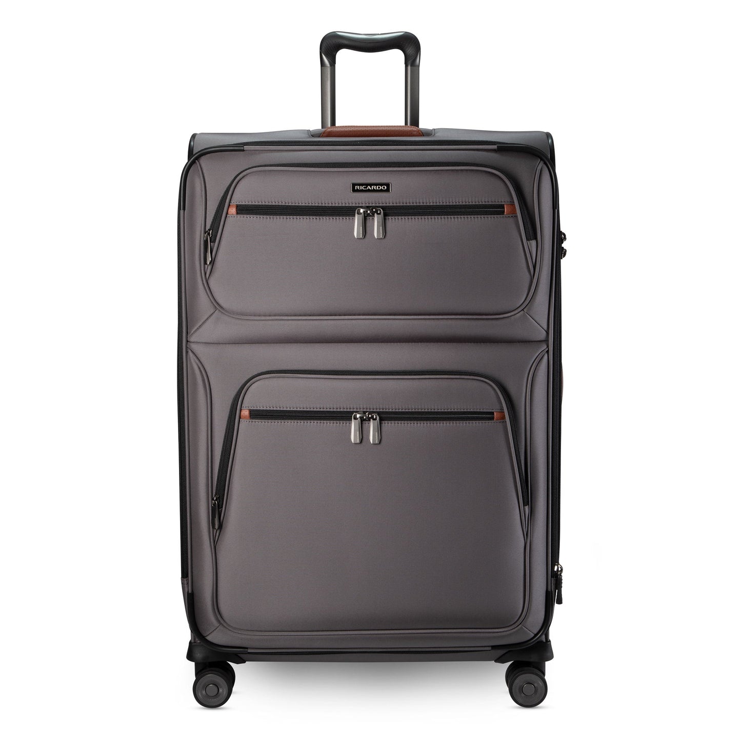 Ricardo Beverly Hills Montecito 3.0 Large Expandable Spinner, grey, with zip pockets and telescopic handle.