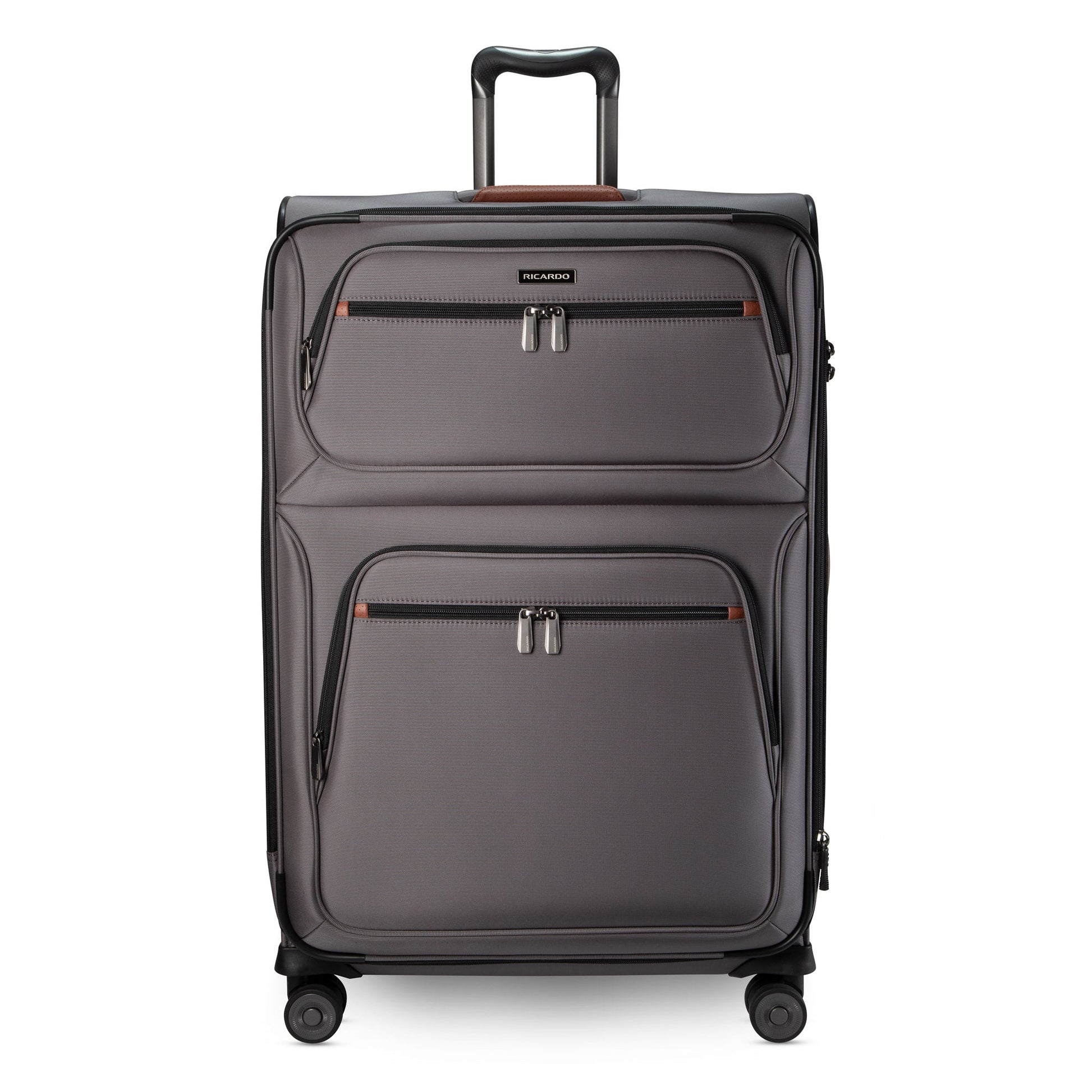 Ricardo Beverly Hills Montecito 3.0 Large Expandable Spinner, grey, with zip pockets and telescopic handle.