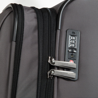 Close-up of the Ricardo Beverly Hills Montecito 3.0 Large Expandable Spinner with combo lock and secure zippers.