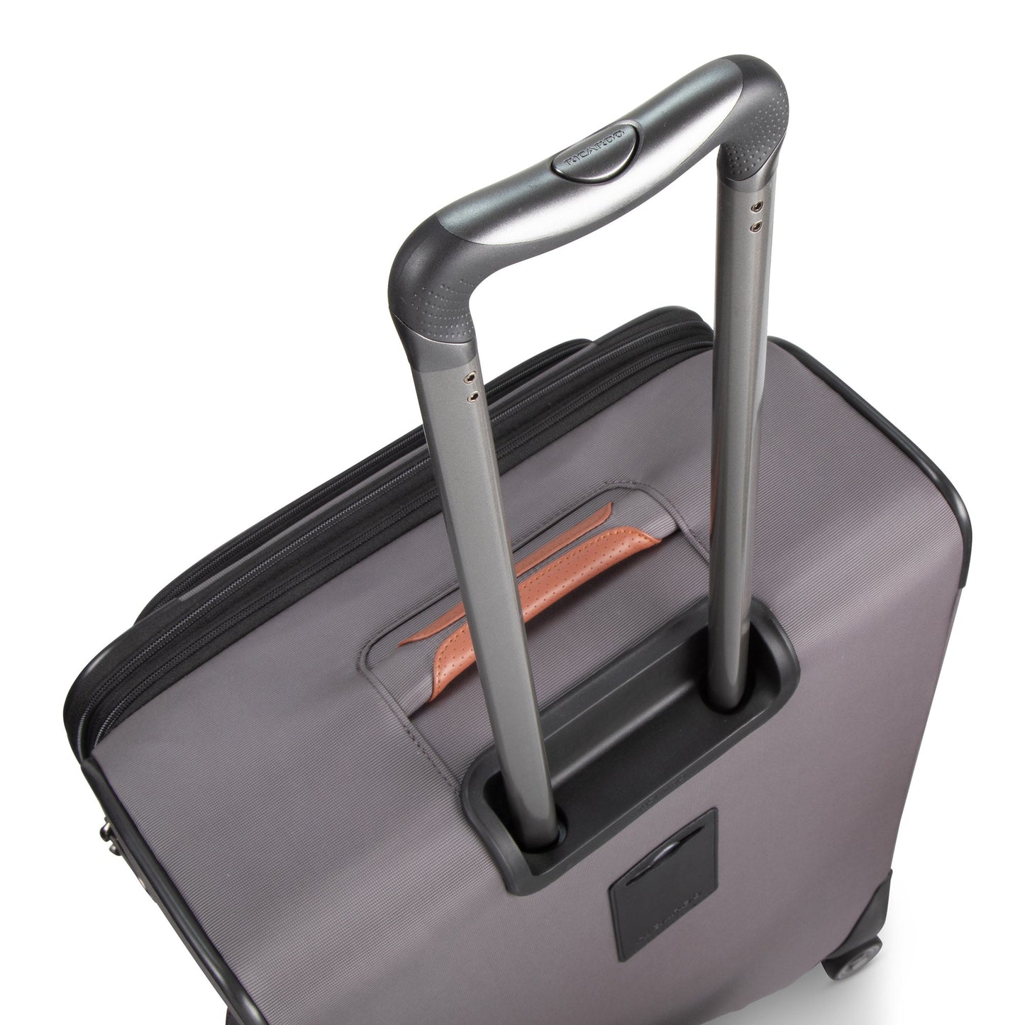 Ricardo Beverly Hills Montecito 3.0 large gray spinner has a telescopic handle and brown leather trim by the zipper.