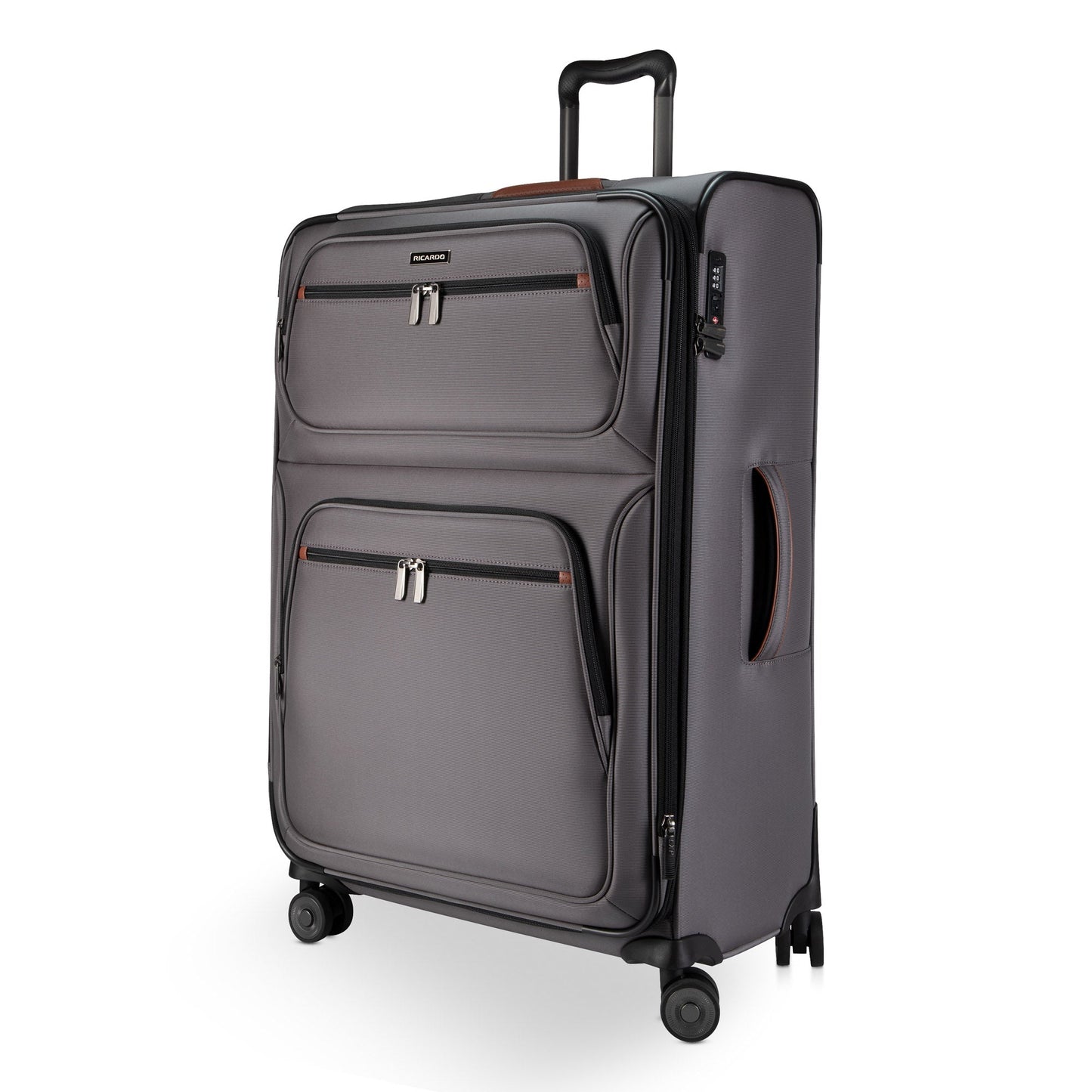 Ricardo Beverly Hills Montecito 3.0 large gray expandable spinner with two front zip pockets, on white background.