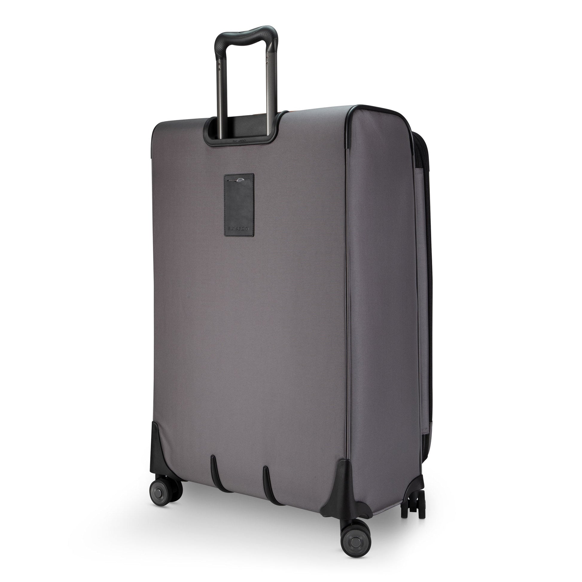Ricardo Beverly Hills Montecito 3.0 large gray spinner with black handle and tag, expandable softside.
