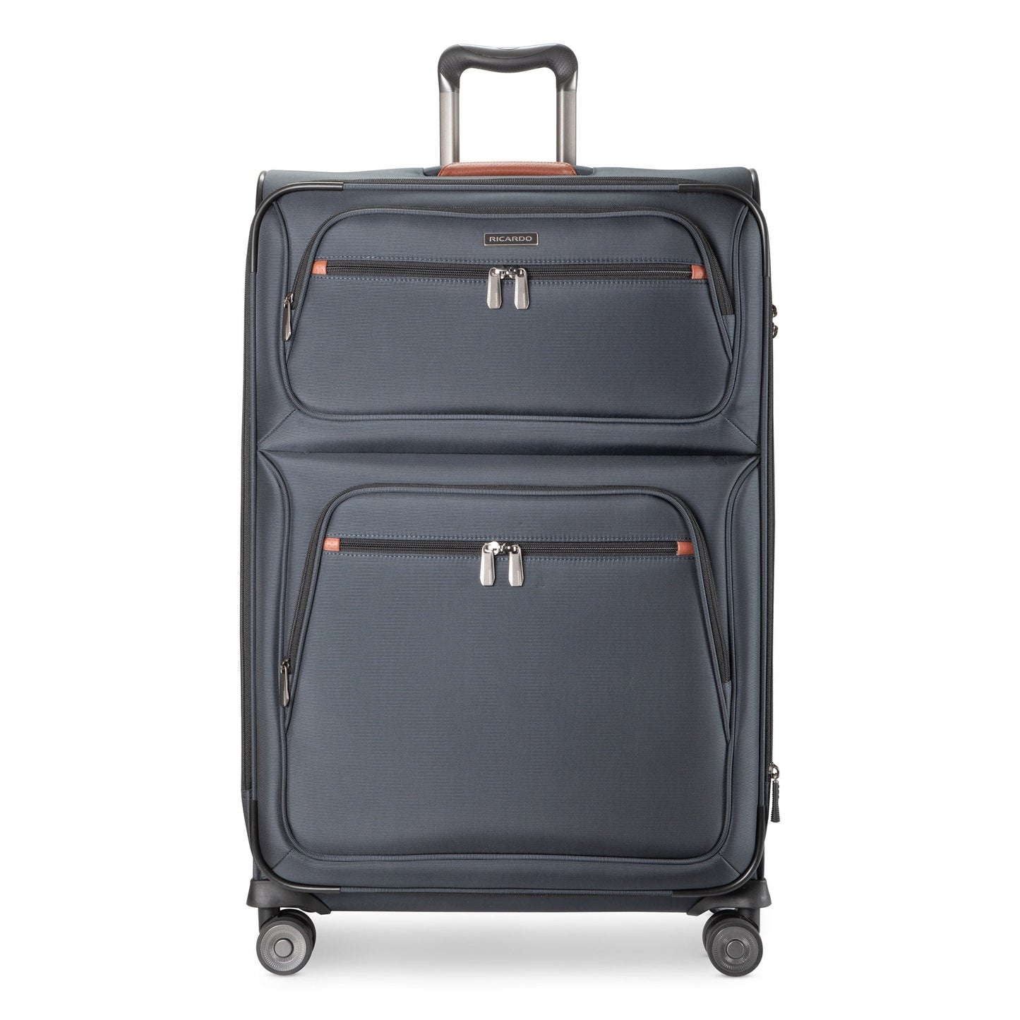 Ricardo Beverly Hills Montecito 3.0 Large navy expandable spinner with two zip pockets and telescoping handle.