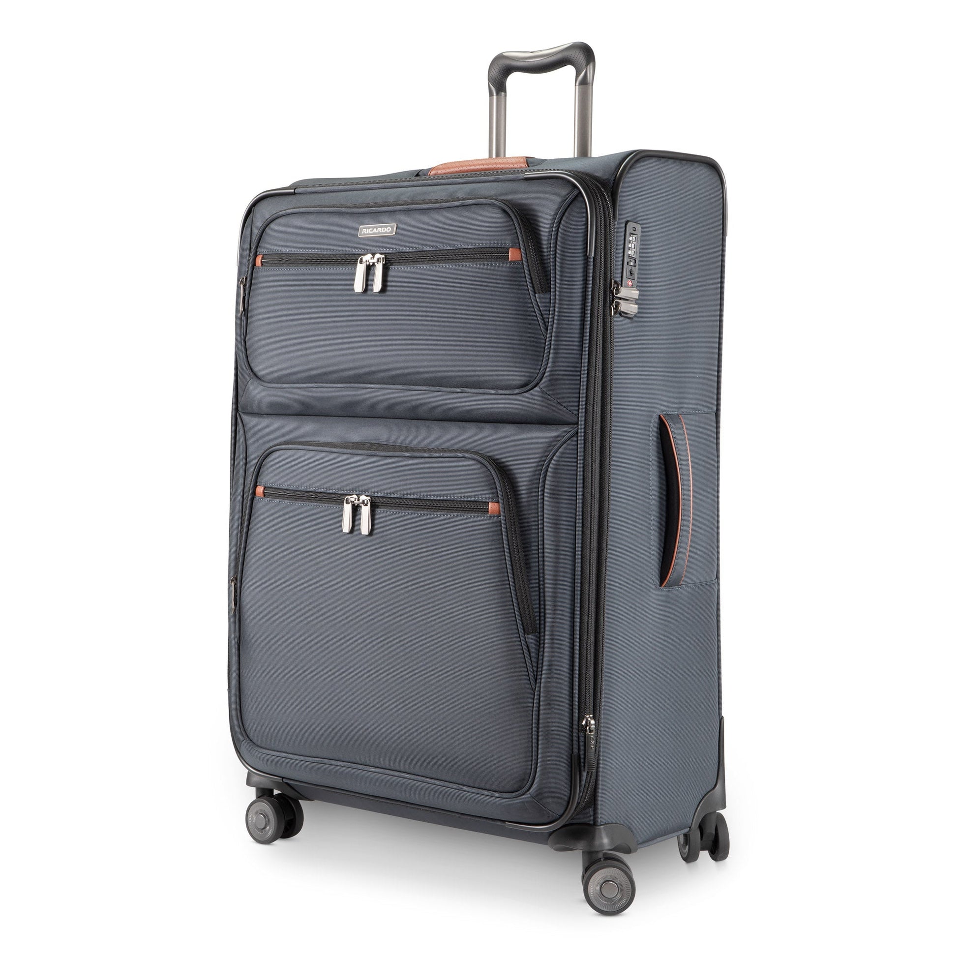 Ricardo Beverly Hills Montecito 3.0 large black expandable spinner with two zip pockets and telescopic handle.