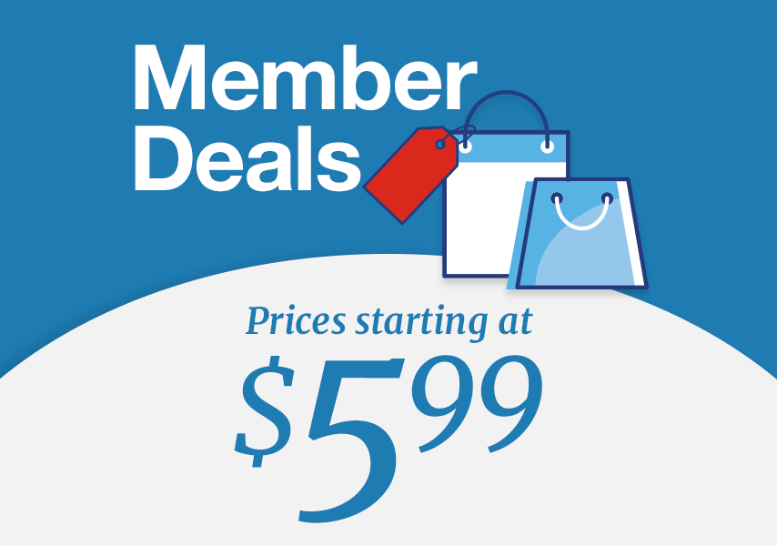 Member Deals - Prices starting at $5.99 blue and white background with CAA shopping bags and gif on the red price tag. 