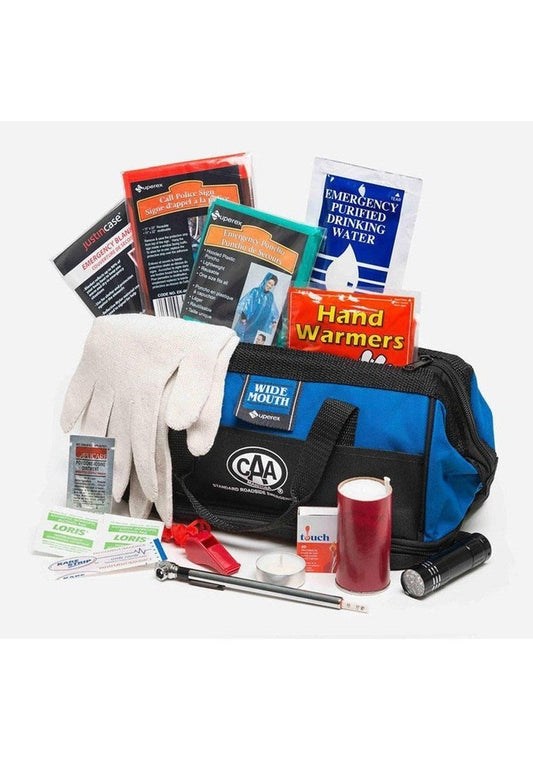 Product Image – Image showing black and blue kit bag with a variety of safety-related items.