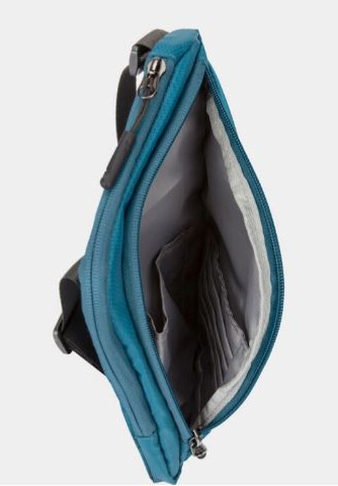 Top view of an open Travelon World Travel Essentials Slim Crossbody Bag, featuring a blue exterior and gray interior with multiple compartments, ideal for organizing your travel necessities.