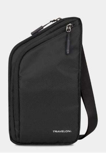 The Travelon World Travel Essentials Slim Crossbody Bag in black, designed by Travelon, offers RFID protection along with multiple zippered compartments and an adjustable strap, making it an essential item for world travel.