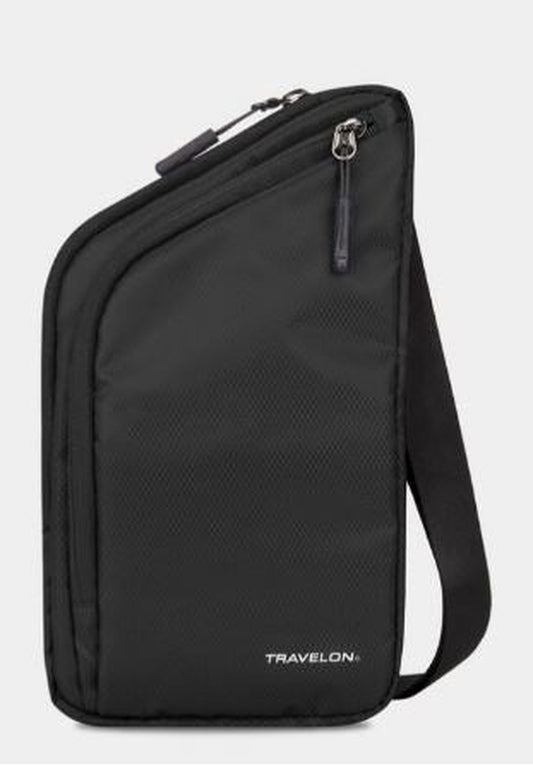 Product Image – The Travelon World Travel Essentials Slim Crossbody Bag in black, designed by Travelon, offers RFID protection along with multiple zippered compartments and an adjustable strap, making it an essential item for world travel.