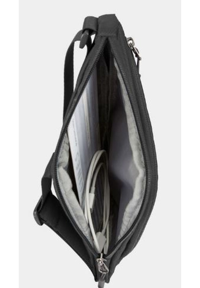 This sleek, RFID-protected Travelon World Travel Essentials Slim Crossbody Bag in black is perfect for travel necessities. It features a strap and accommodates items like a book, gadget, and coiled cable. Its slim crossbody design from Travelon ensures ease and convenience on every journey.