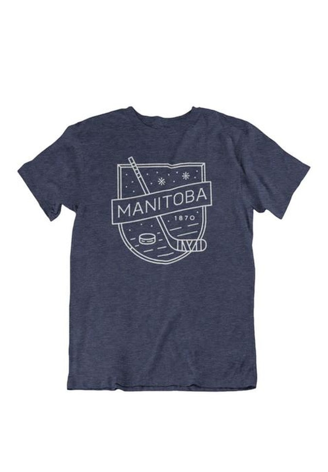 The We Heart Winnipeg MB Hockey T-Shirt features a white-on-heather navy design with a graphic of a shield displaying a hockey stick, puck, and stars, labeled "Manitoba 1870," making it an ideal addition to any puck enthusiast's wardrobe.