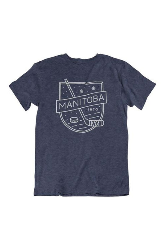 Product Image – The We Heart Winnipeg MB Hockey T-Shirt features a white-on-heather navy design with a graphic of a shield displaying a hockey stick, puck, and stars, labeled "Manitoba 1870," making it an ideal addition to any puck enthusiast's wardrobe.