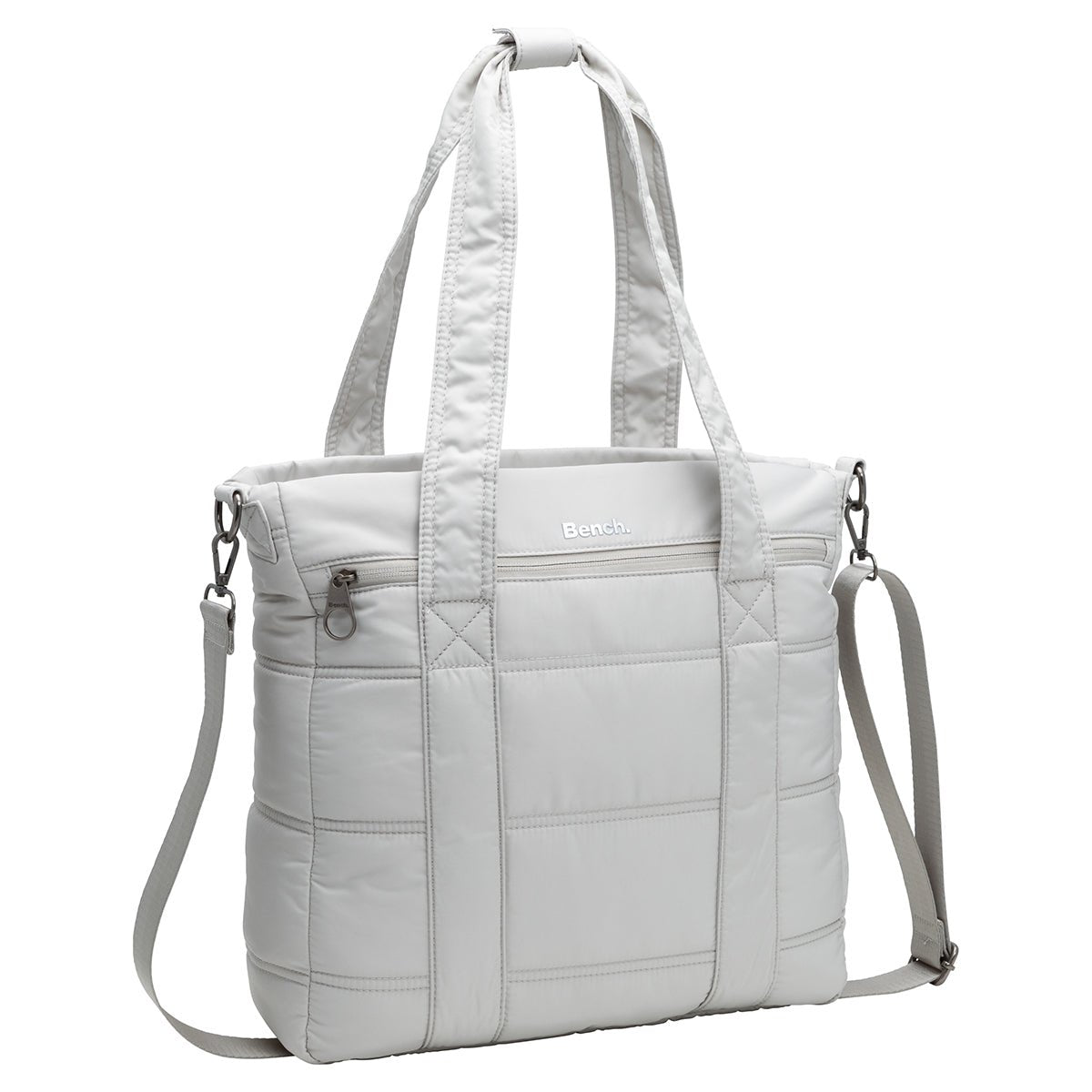 Bench Georgia Satchel quilted handbag in light grey with dual handles, detachable strap, and a front zip pocket.
