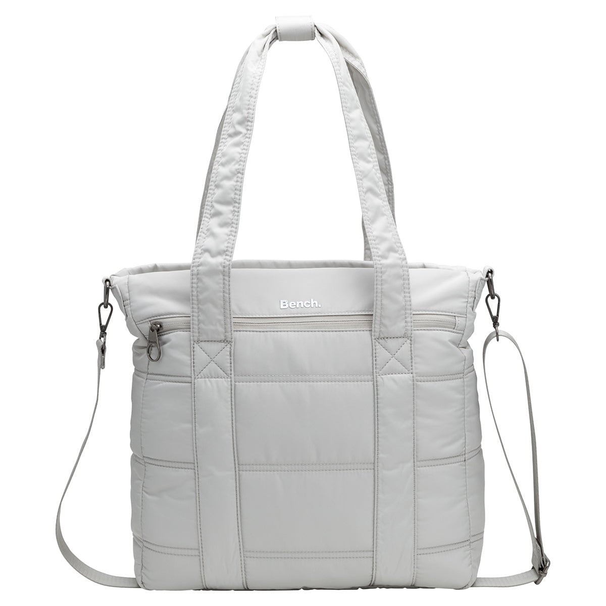 Bench Georgia Satchel in light gray, quilted with two handles, zipper pocket, and adjustable shoulder strap.