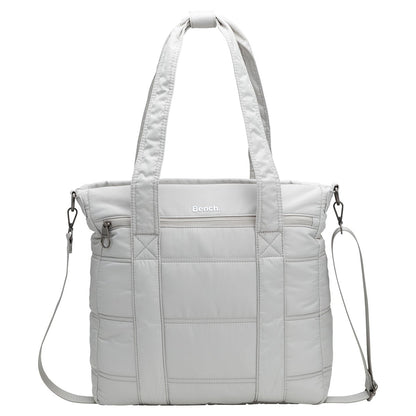 Bench Georgia Satchel in light gray, quilted with two handles, zipper pocket, and adjustable shoulder strap.
