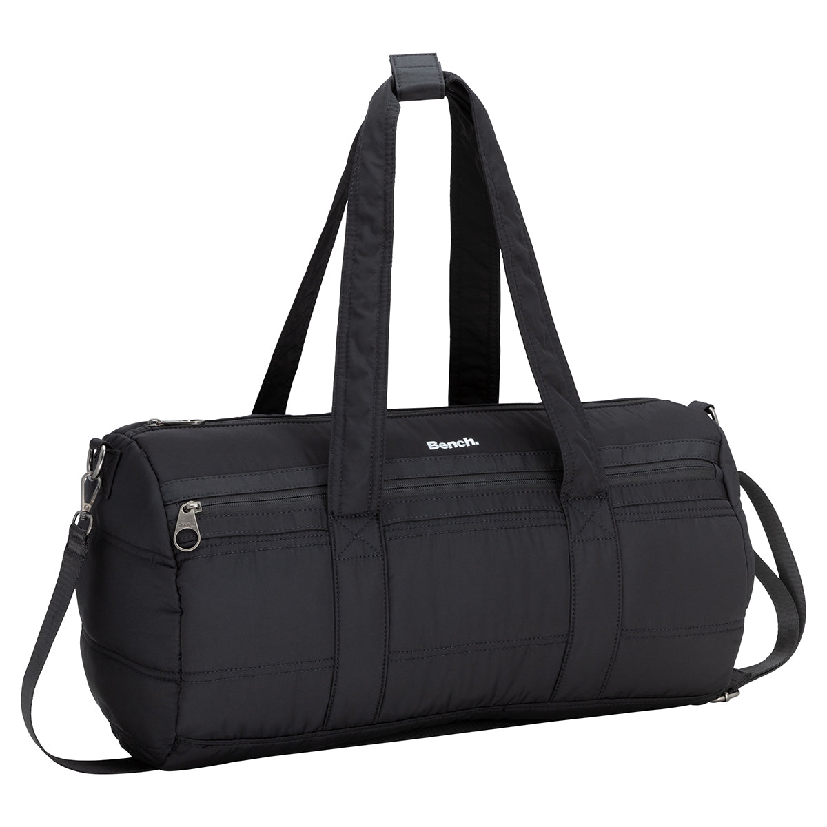 The Bench Georgia Weekender is a black bag with double handles and a detachable shoulder strap.