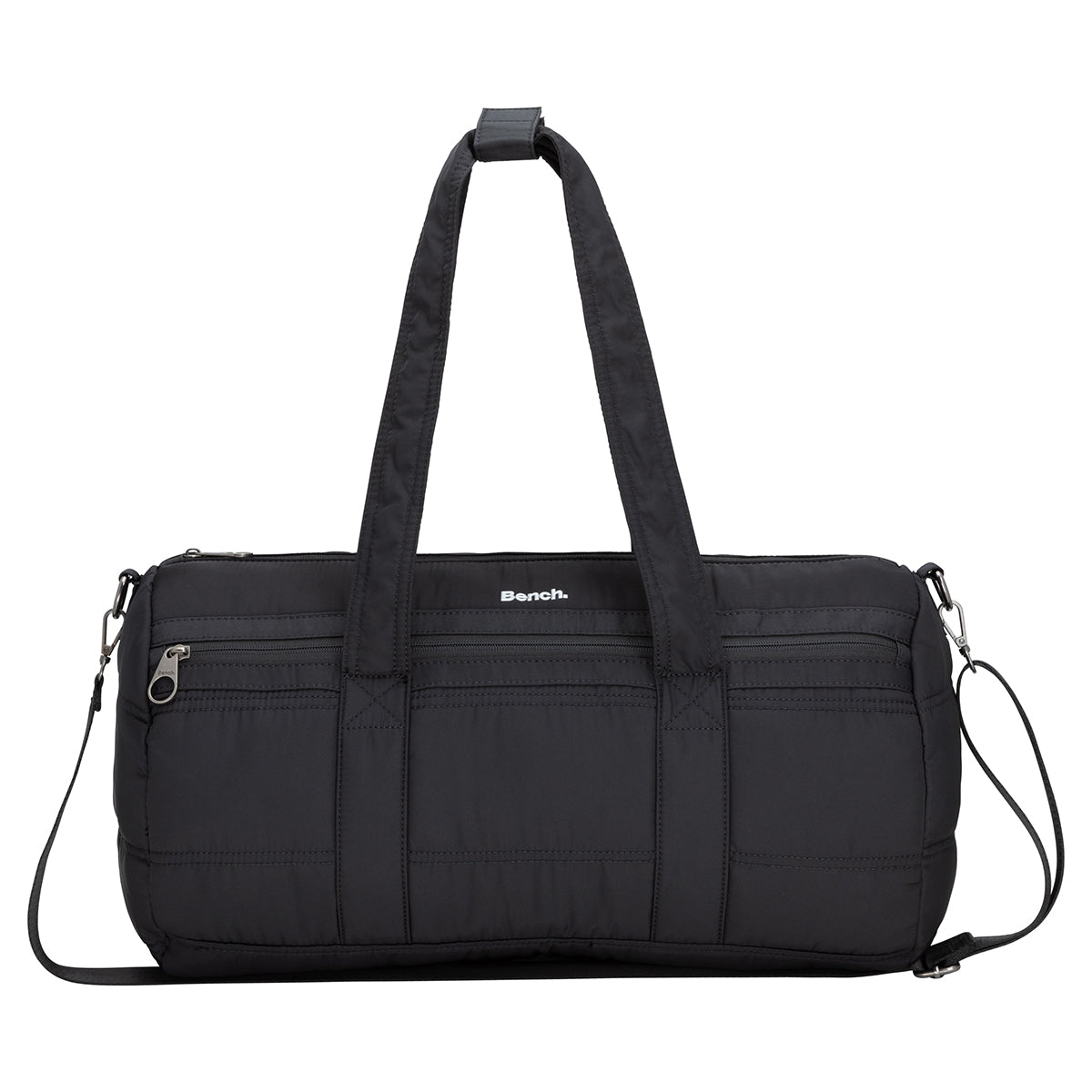 The Bench Georgia Weekender is a black bag with dual handles, a shoulder strap, and a front zip pocket.