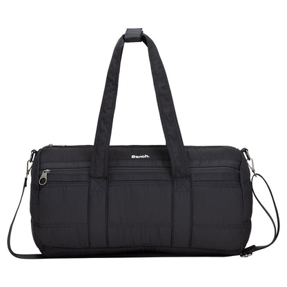The Bench Georgia Weekender is a black bag with dual handles, a shoulder strap, and a front zip pocket.