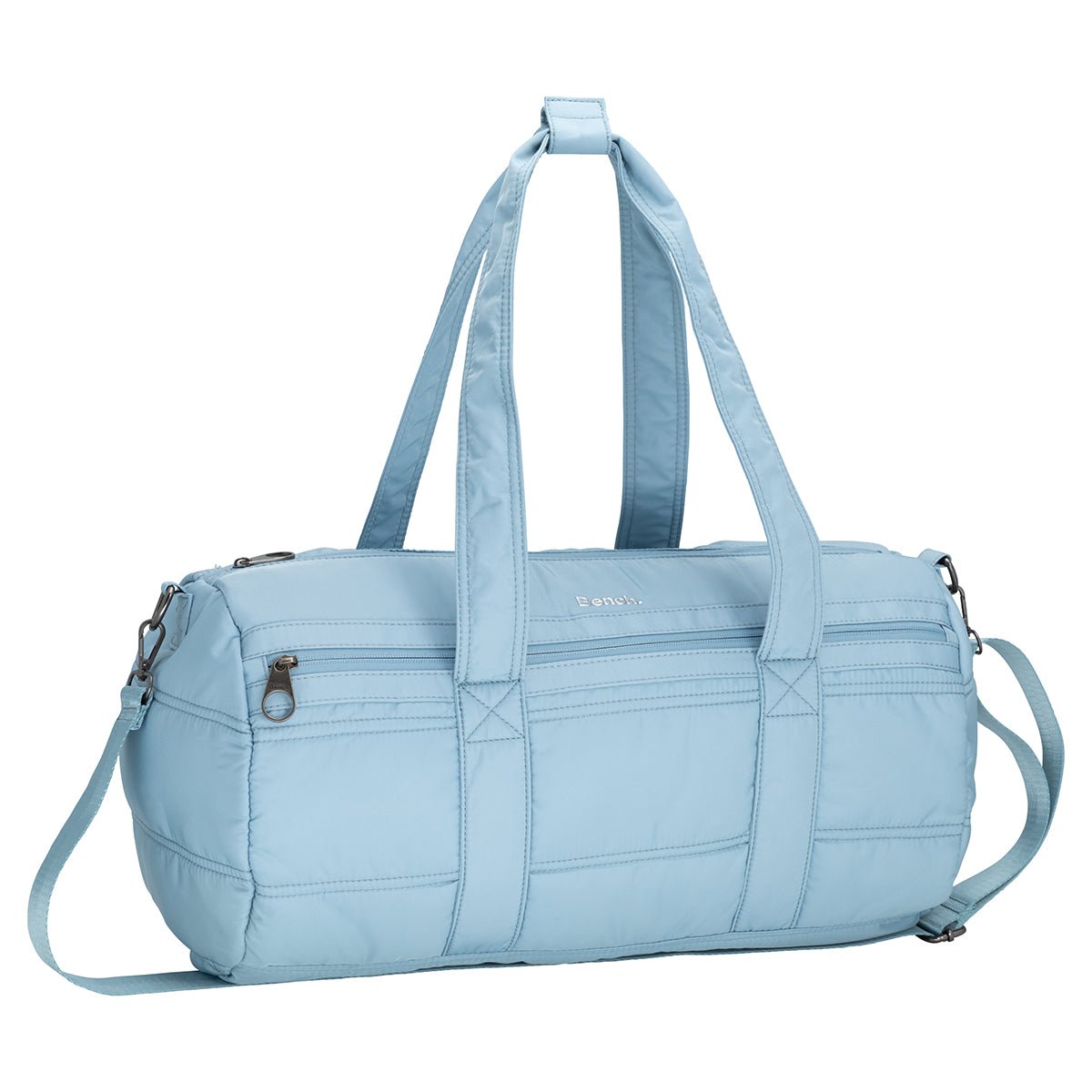 Bench Georgia Weekender by Bench: light blue bag with double handles, shoulder strap, and zippered front pocket.