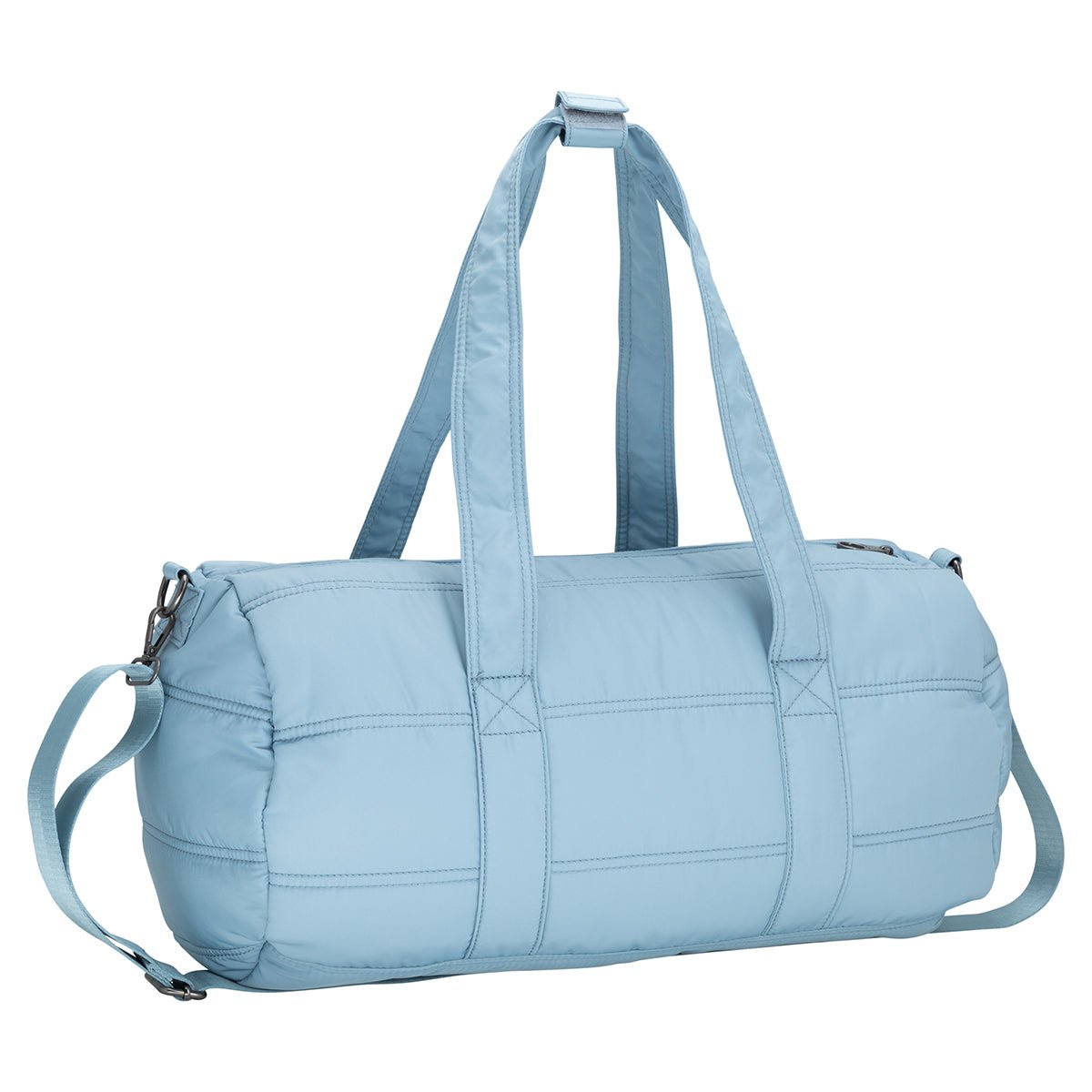 Bench Georgia Weekender by Bench: light blue quilted gym bag with two straps, long detachable strap, zipper closure.