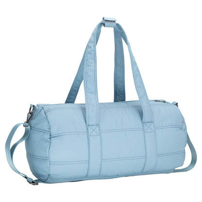 Bench Georgia Weekender by Bench: light blue quilted gym bag with two straps, long detachable strap, zipper closure.