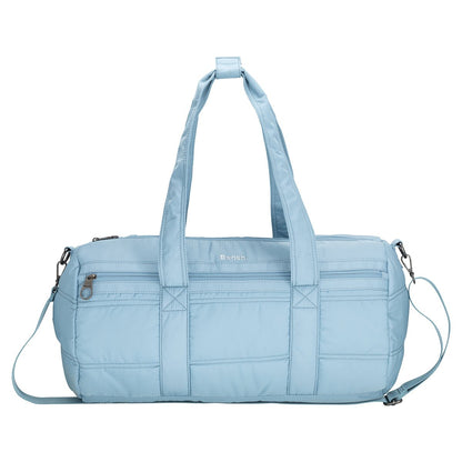 Bench Georgia Weekender by Bench: light blue quilted gym bag with handles, shoulder strap, and front zip pocket.