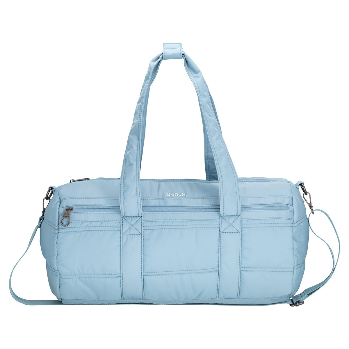Bench Georgia Weekender by Bench: light blue quilted gym bag with handles, shoulder strap, and front zip pocket.