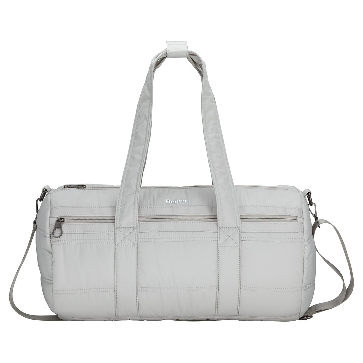 Bench Georgia Weekender gym bag in light gray with twin handles, shoulder strap, and front zip pocket.