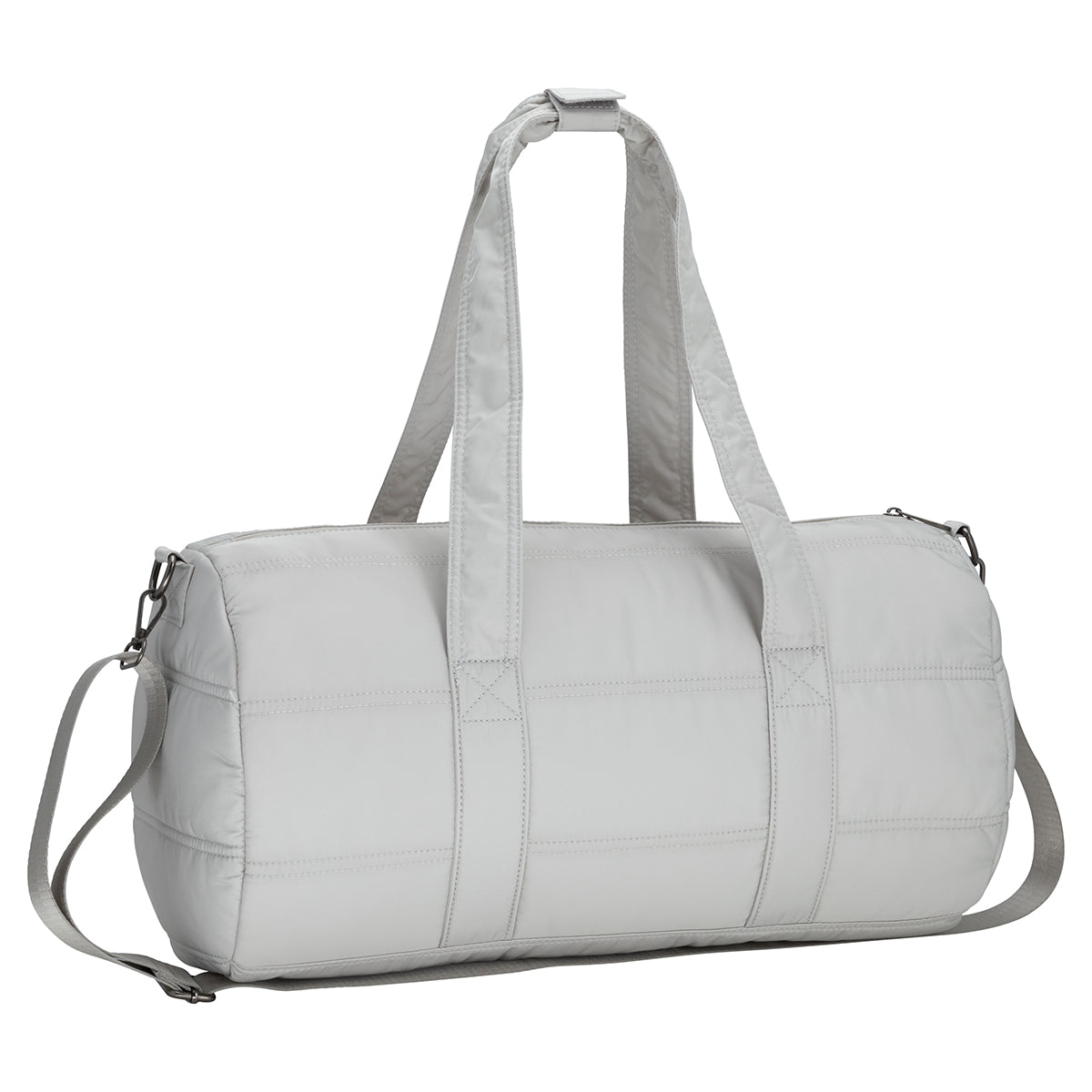 Bench Georgia Weekender by Bench: light grey quilted gym bag with two handles and an adjustable shoulder strap.