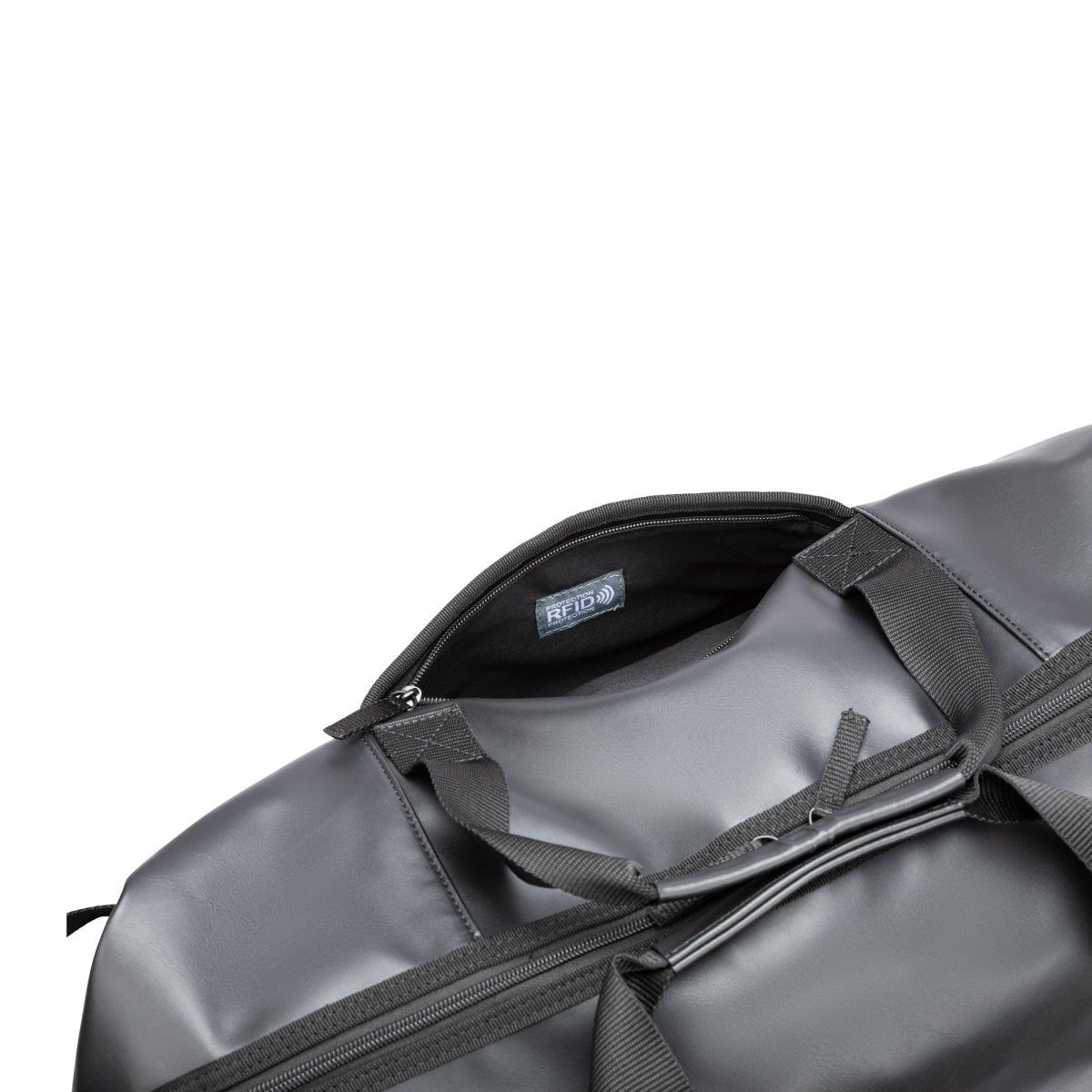 Bench Jayce East West Weekender shows interior RFID protection and strong black handles through open zipper.