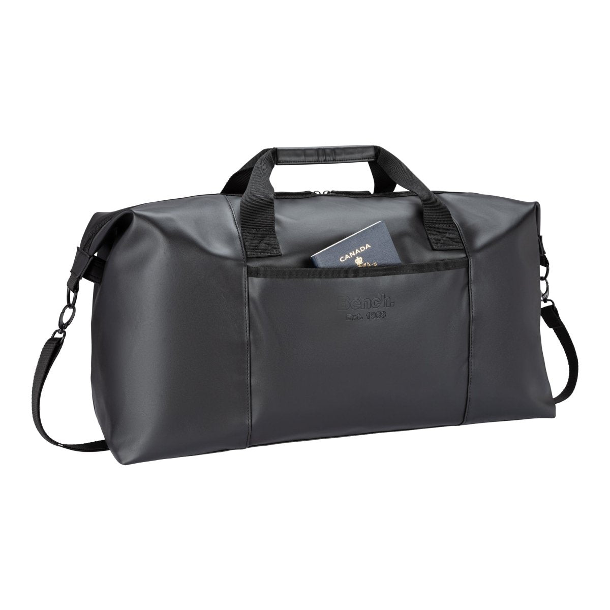 The Bench Jayce East West Weekender is a black bag with RFID, passport pocket, and detachable strap.